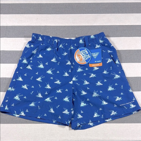 Columbia Men’s Swim Trunks Blue Boat Print Backcast Shorts S NWT 6” Inseam UPF - Picture 13 of 15
